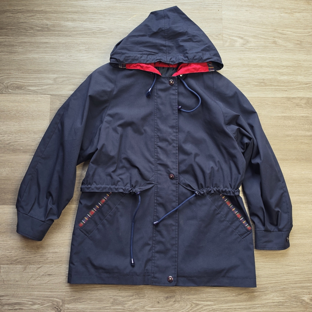 Fen-nelli Navy Blue Hooded Parka Tartan Details & Cinched Waist